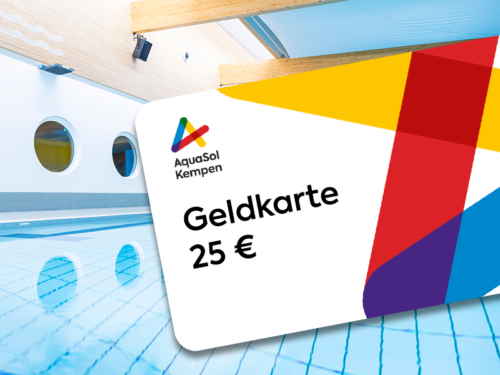 <div style="text-align: justify;">Auf der AquaSol Geldkarte können Sie sich ganz bequem ihr Guthaben laden und so Tickets online hier in unserem Shop und auch vor Ort im AquaSol kaufen. Der entsprechende Betrag wird beim Bezahlen einer Leistung von Ihrer digitalen Geldwertkarte abgebucht. Mit der digitalen Geldkarte brauchen Sie kein Bargeld mehr!</div><div style="text-align: justify;"><br></div><div><div style="text-align: justify;">Auf Wunsch können Sie sich die Geldkarte auf ein Medium im AquaSol buchen lassen, dafür erheben wir ein Pfand in Höhe von 5,00 €.
</div><div style="text-align: justify;"><br></div></div>